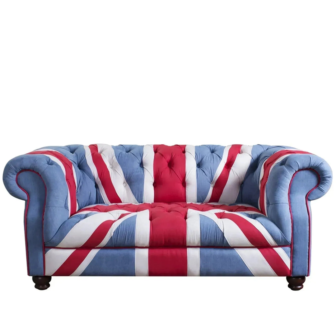 Vintage denim fabric 2 seater sofa union jack chesterfield in white background.