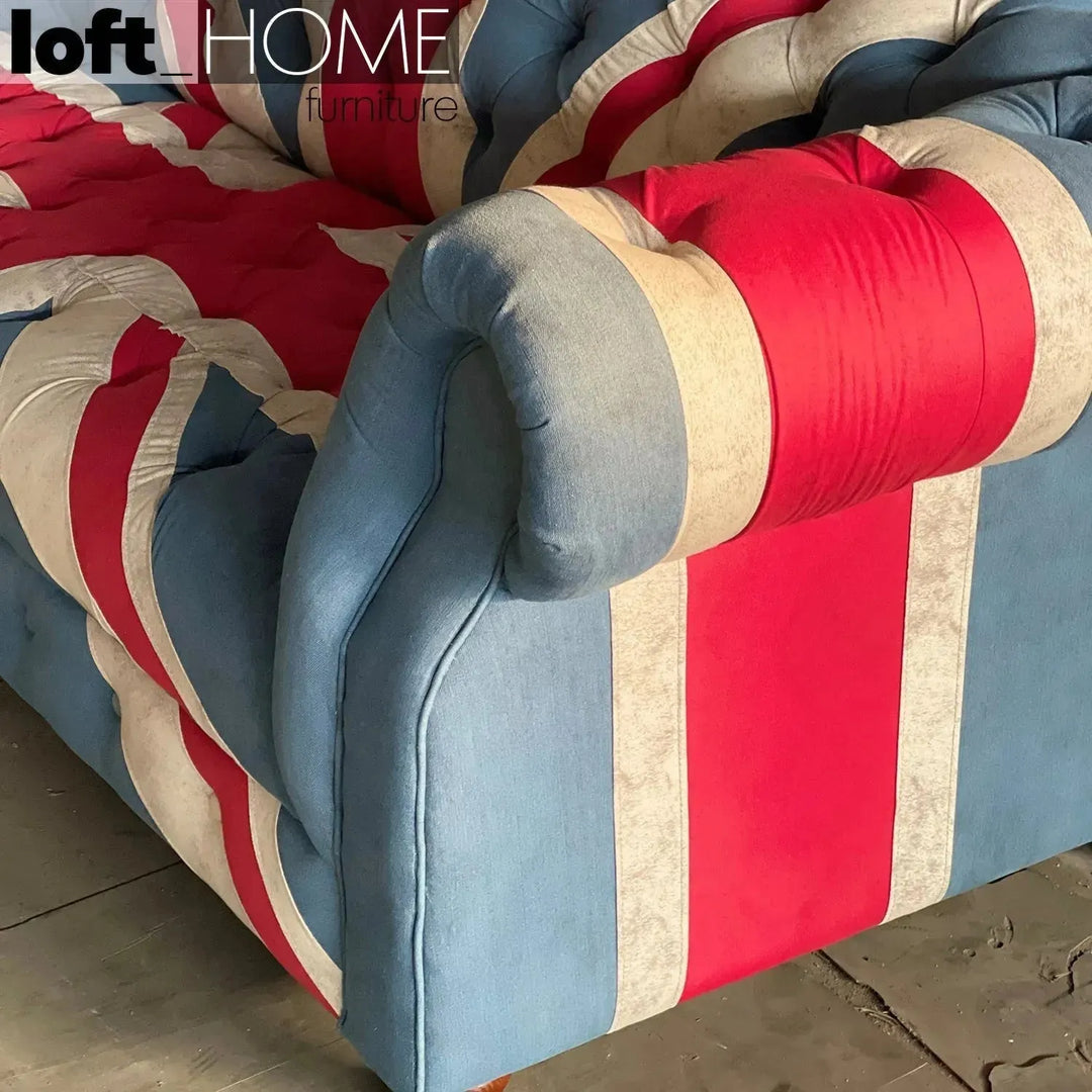 Vintage denim fabric 2 seater sofa union jack chesterfield in details.