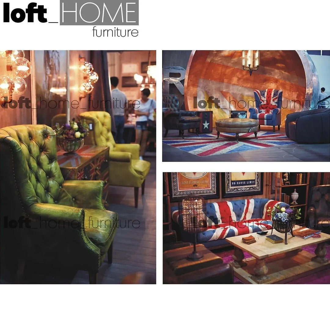 Vintage denim fabric 2 seater sofa union jack chesterfield in still life.