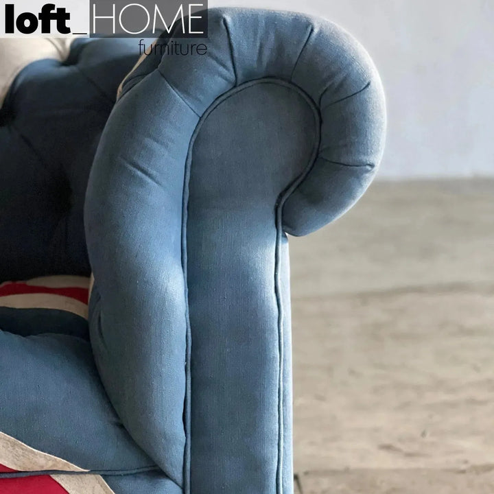 Vintage denim fabric 2 seater sofa union jack chesterfield with context.