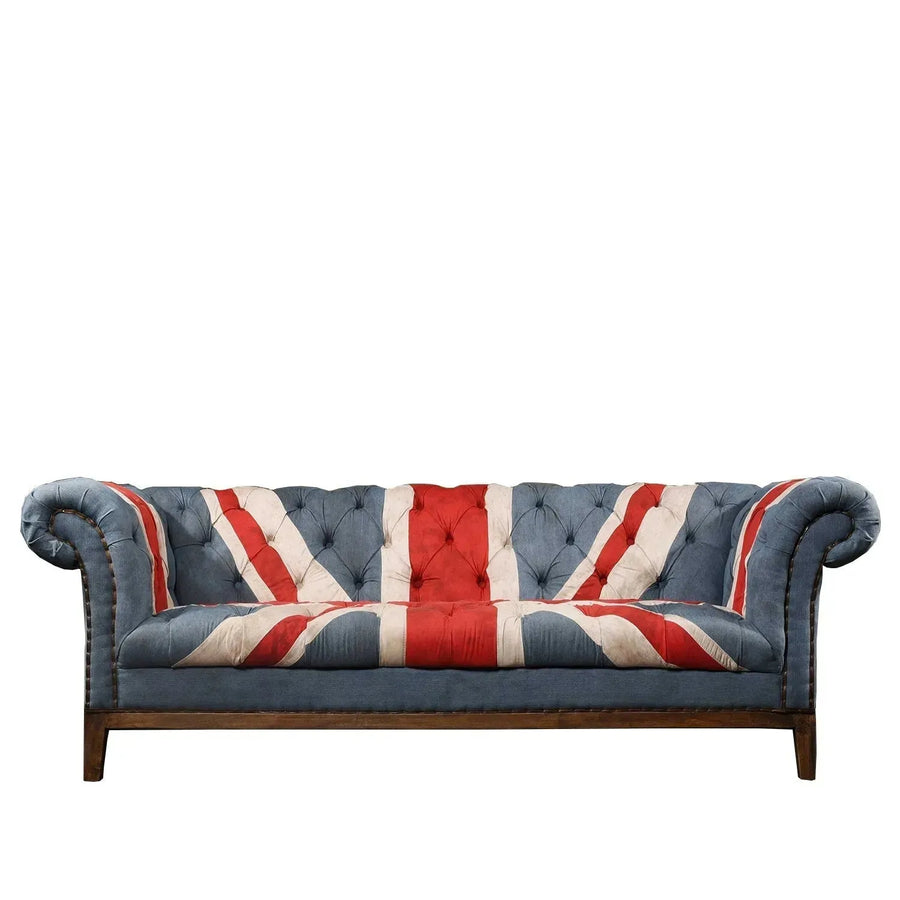 Vintage fabric chesterfield 2 seater sofa union jack in white background.