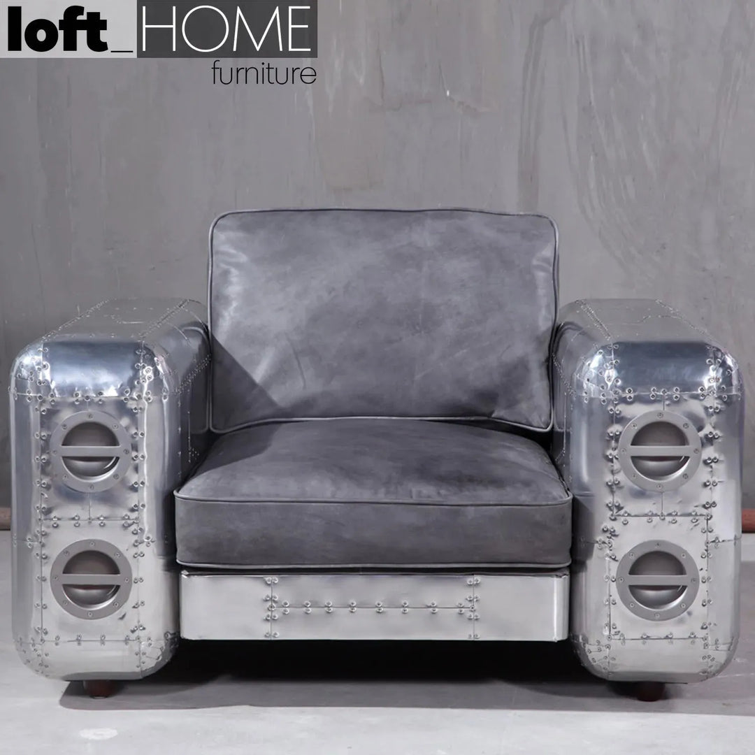 Industrial genuine leather 1 seater sofa aircraft in close up details.