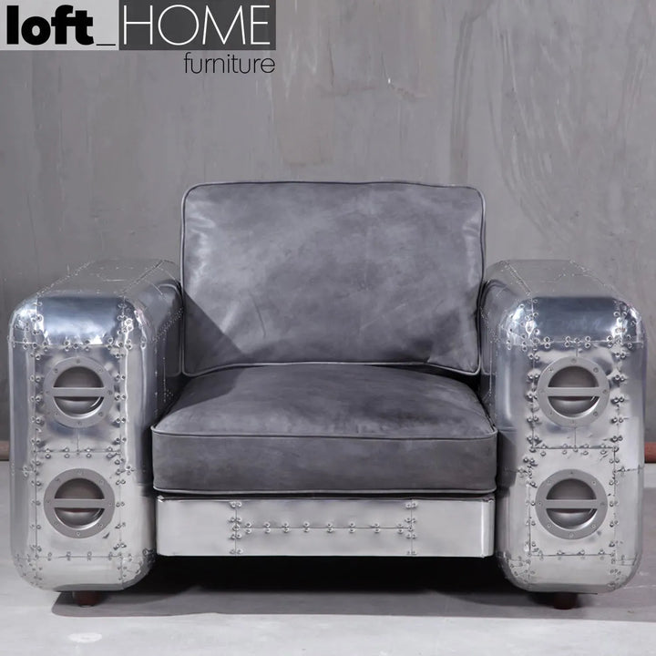 Industrial genuine leather 1 seater sofa aircraft in close up details.