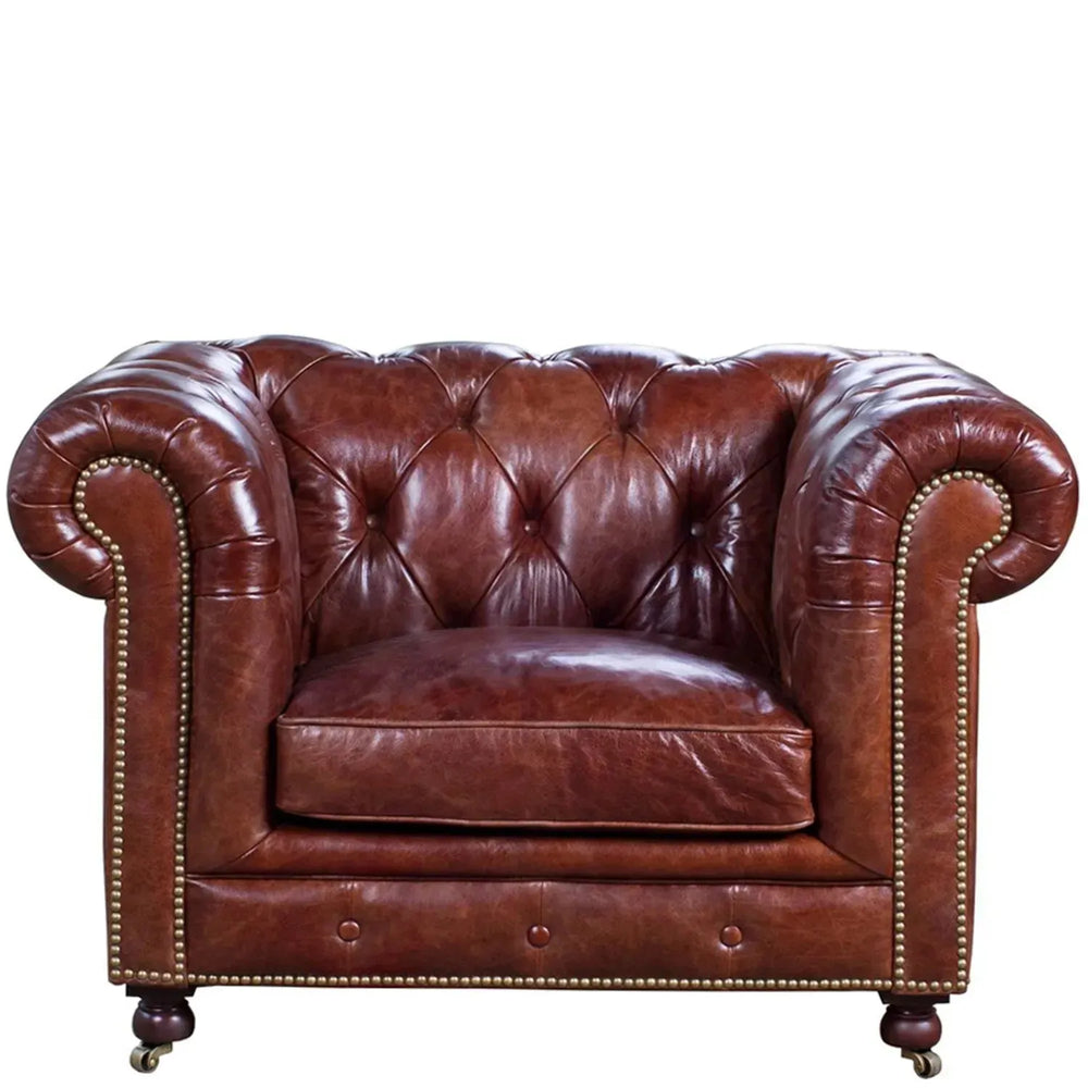 Vintage genuine leather 1 seater sofa chesterfield classic in white background.
