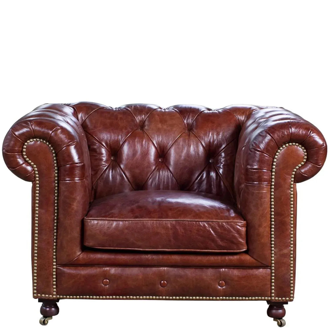 Vintage genuine leather 1 seater sofa chesterfield classic in white background.