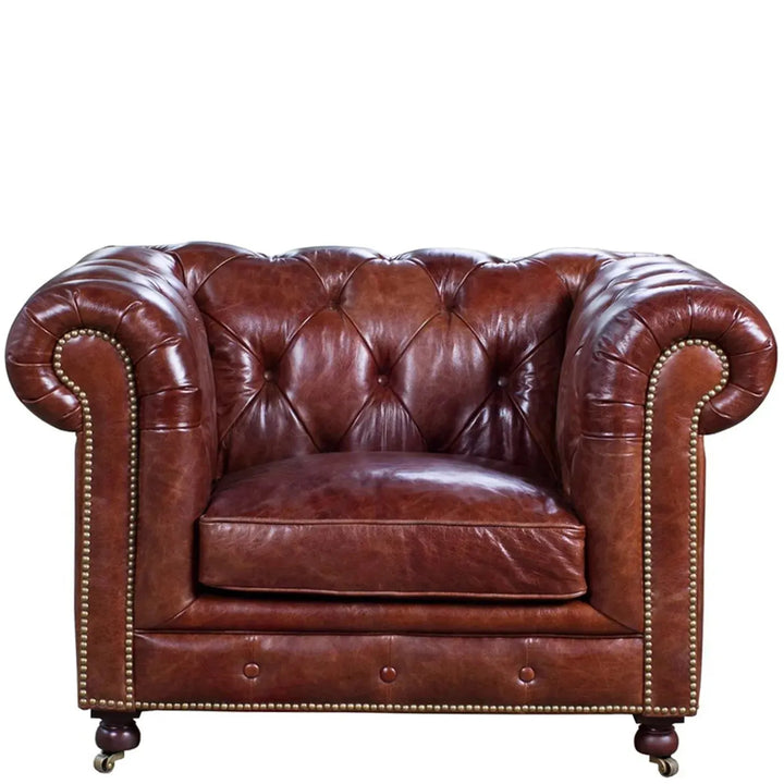 Vintage genuine leather 1 seater sofa chesterfield classic in white background.