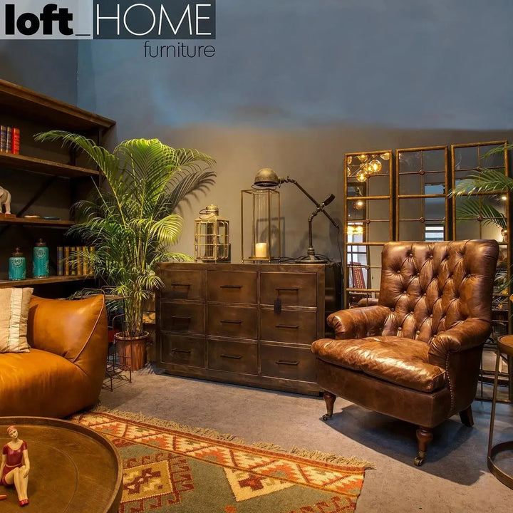 Vintage genuine leather 1 seater sofa retro with context.