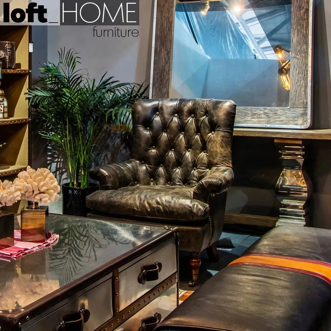 Vintage genuine leather 1 seater sofa retro in real life style.