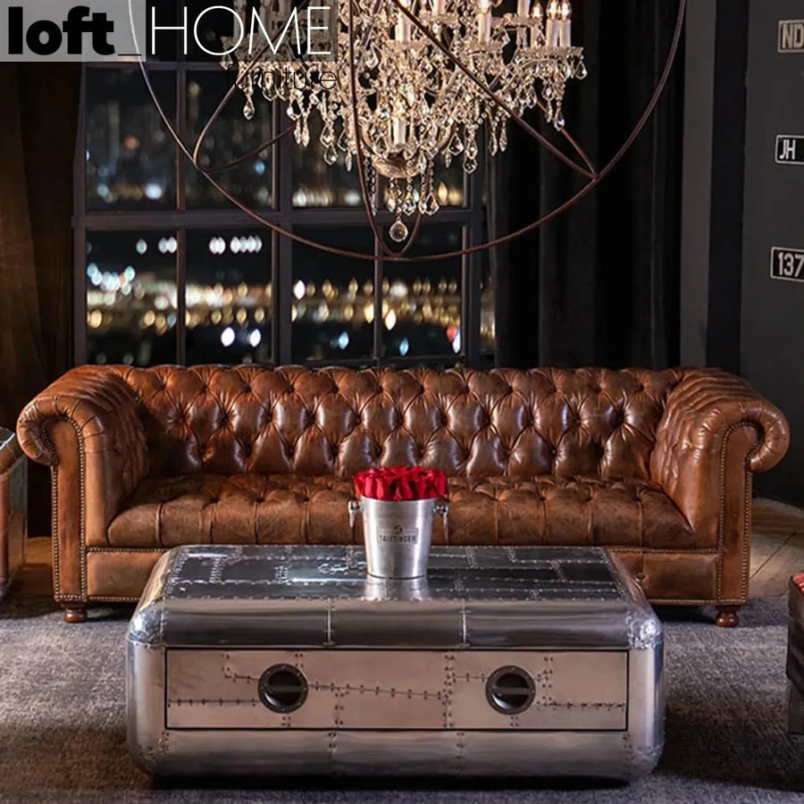 Vintage genuine leather 3 seater sofa chesterfield button primary product view.