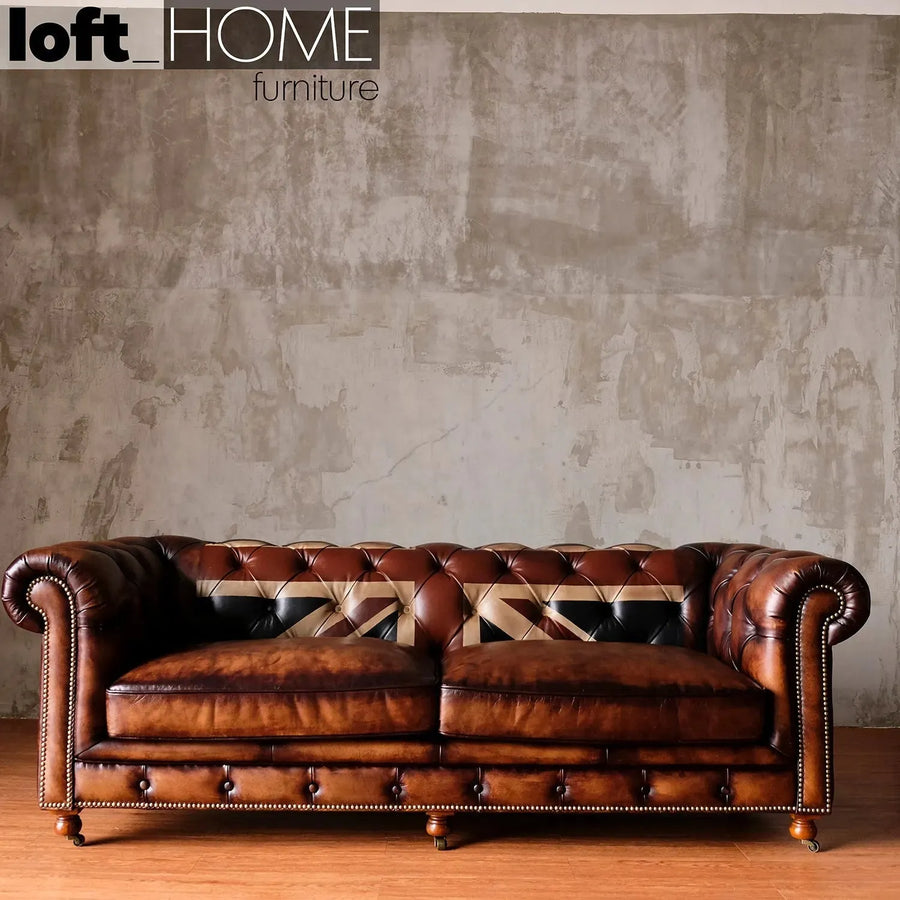Vintage genuine leather 3 seater sofa chesterfield union jack primary product view.