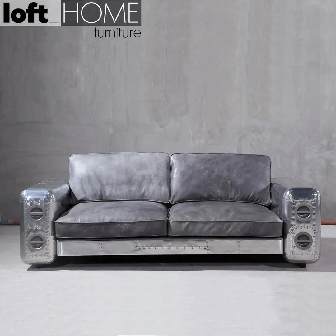 Industrial genuine leather 3 seater sofa silver aircraft in details.