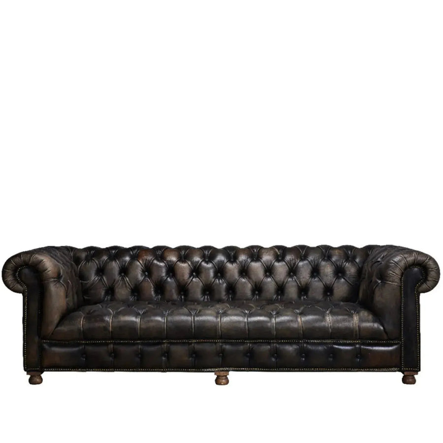 Vintage genuine leather 4 seater sofa chesterfield button in white background.