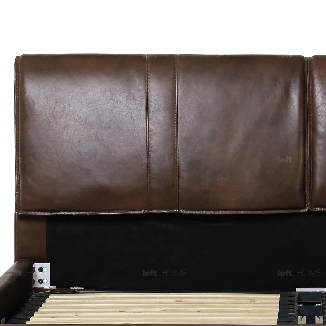 Vintage genuine leather bed frame saddleback in still life.