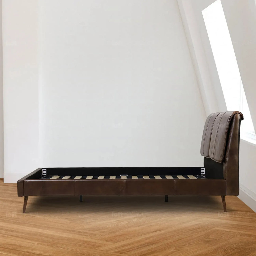 Vintage genuine leather bed frame saddleback in real life style.