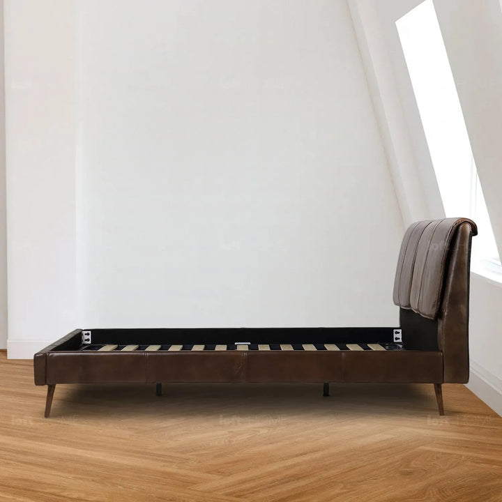 Vintage genuine leather bed frame saddleback in real life style.