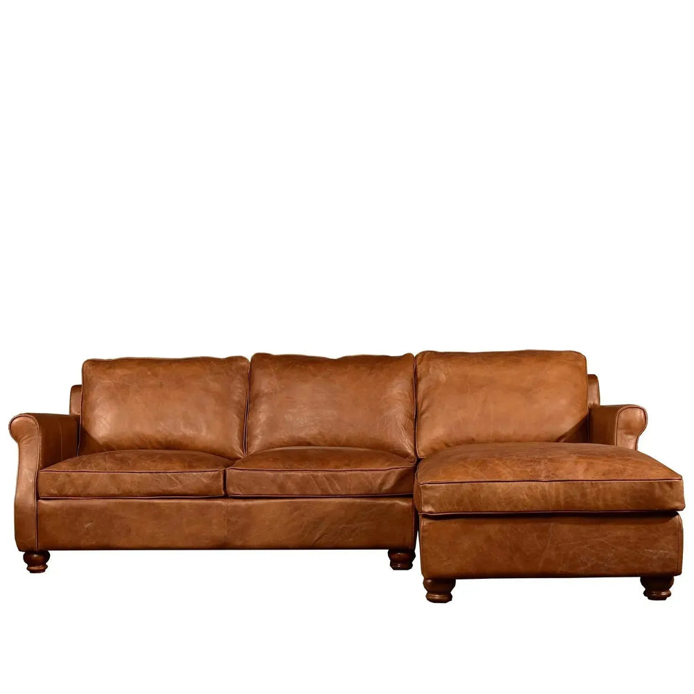 Vintage genuine leather l shape sectional sofa barclay 2+l in white background.