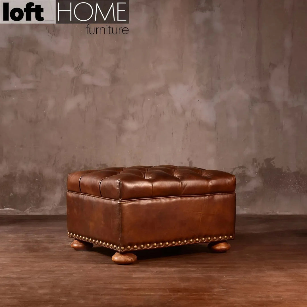 Vintage genuine leather ottoman chesterfield in real life style.