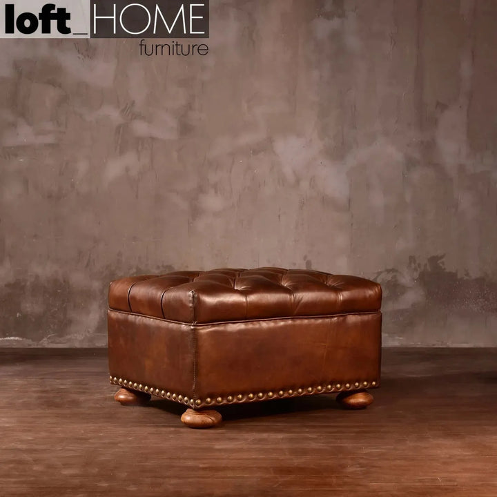 Vintage genuine leather ottoman chesterfield in real life style.