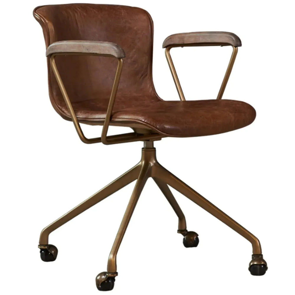 Vintage genuine leather study chair akron in white background.