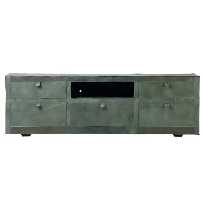 Vintage genuine leather tv console murphy in close up details.