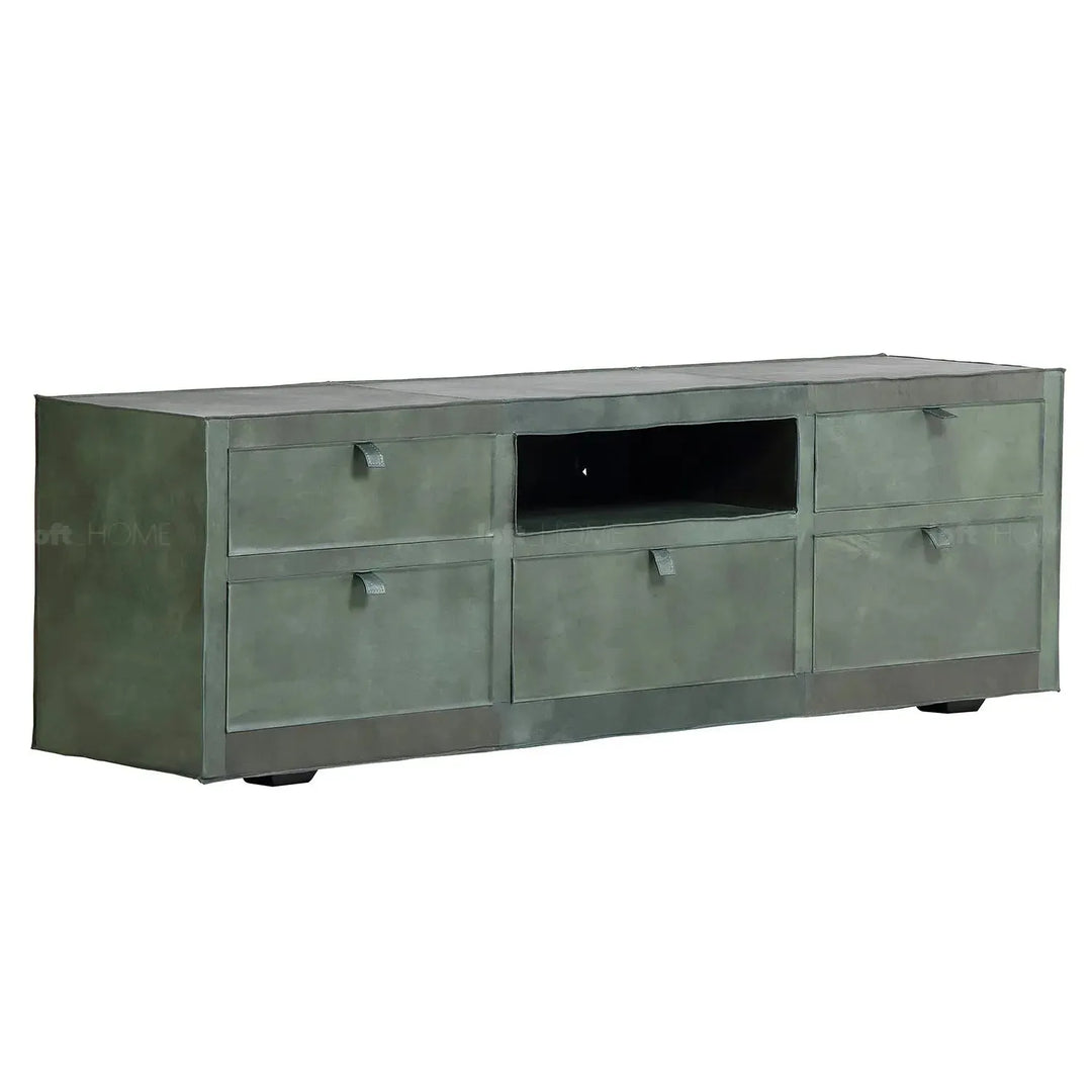 Vintage genuine leather tv console murphy in panoramic view.