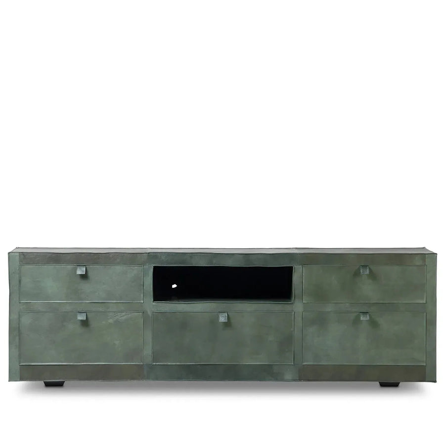 Vintage genuine leather tv console murphy in white background.