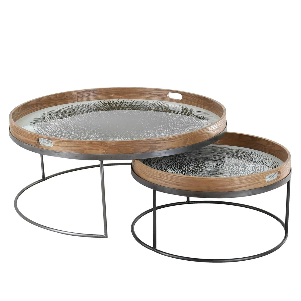 Industrial oak wood coffee table art in white background.