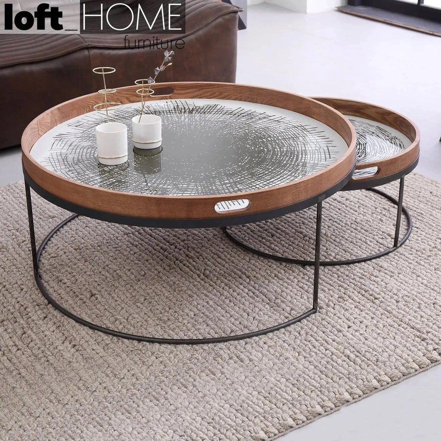 Industrial oak wood coffee table art primary product view.