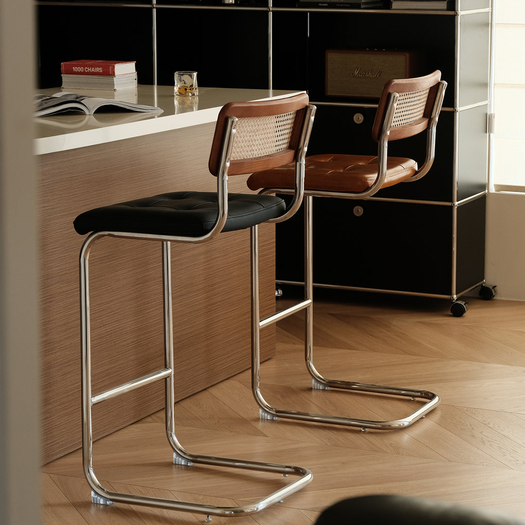 Vintage rattan pu leather bar chair hoh xil in close up details.