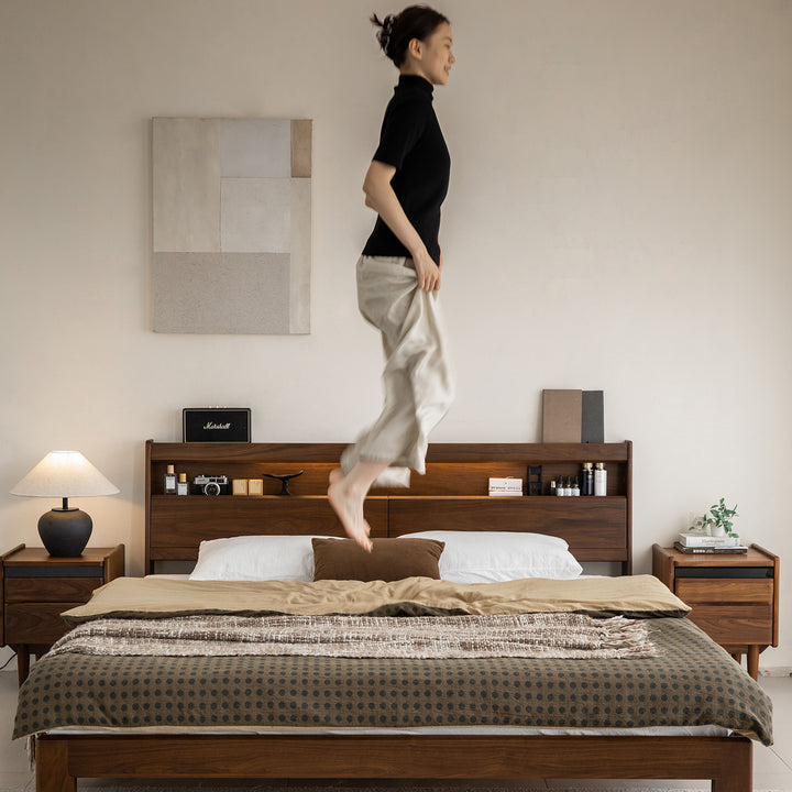 Vintage walnut wood bed accompany light primary product view.