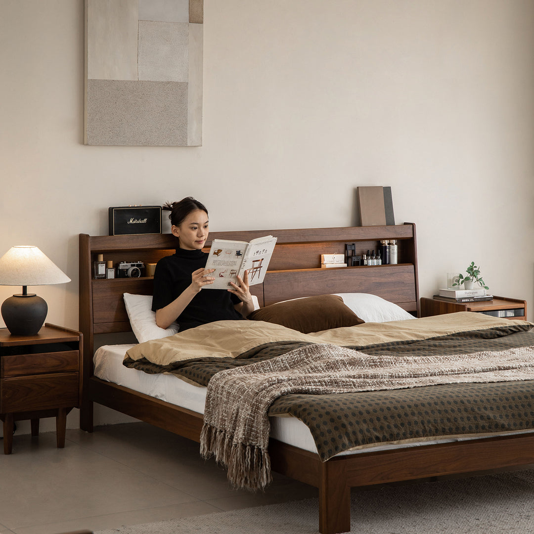 Vintage walnut wood bed accompany light material variants.