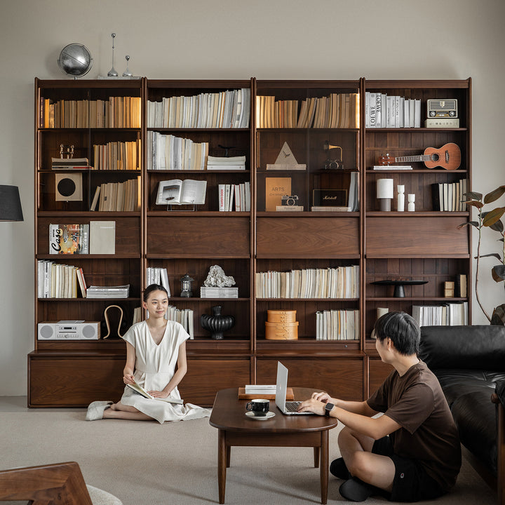 Vintage walnut wood bookshelf vista in close up details.