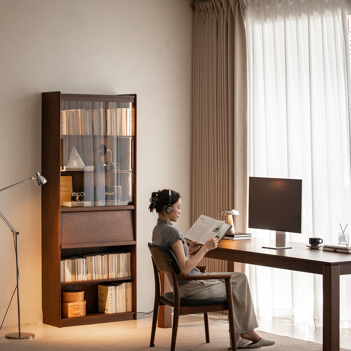 Vintage walnut wood bookshelf vista in panoramic view.