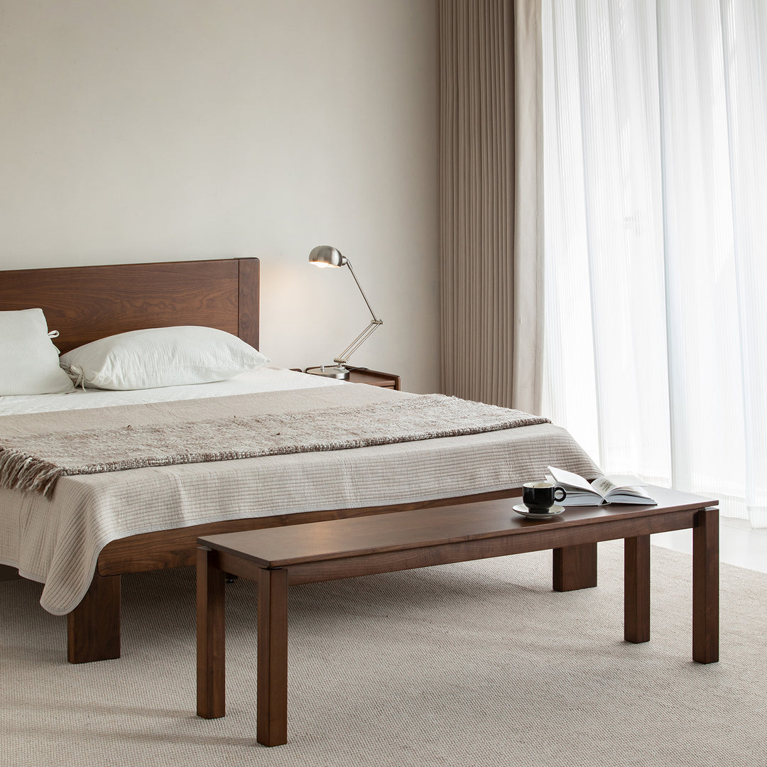 Vintage walnut wood dining bench coastal in details.