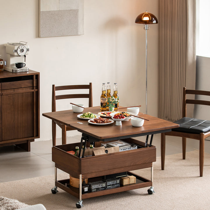 Vintage walnut wood lift-up coffee table seren in panoramic view.