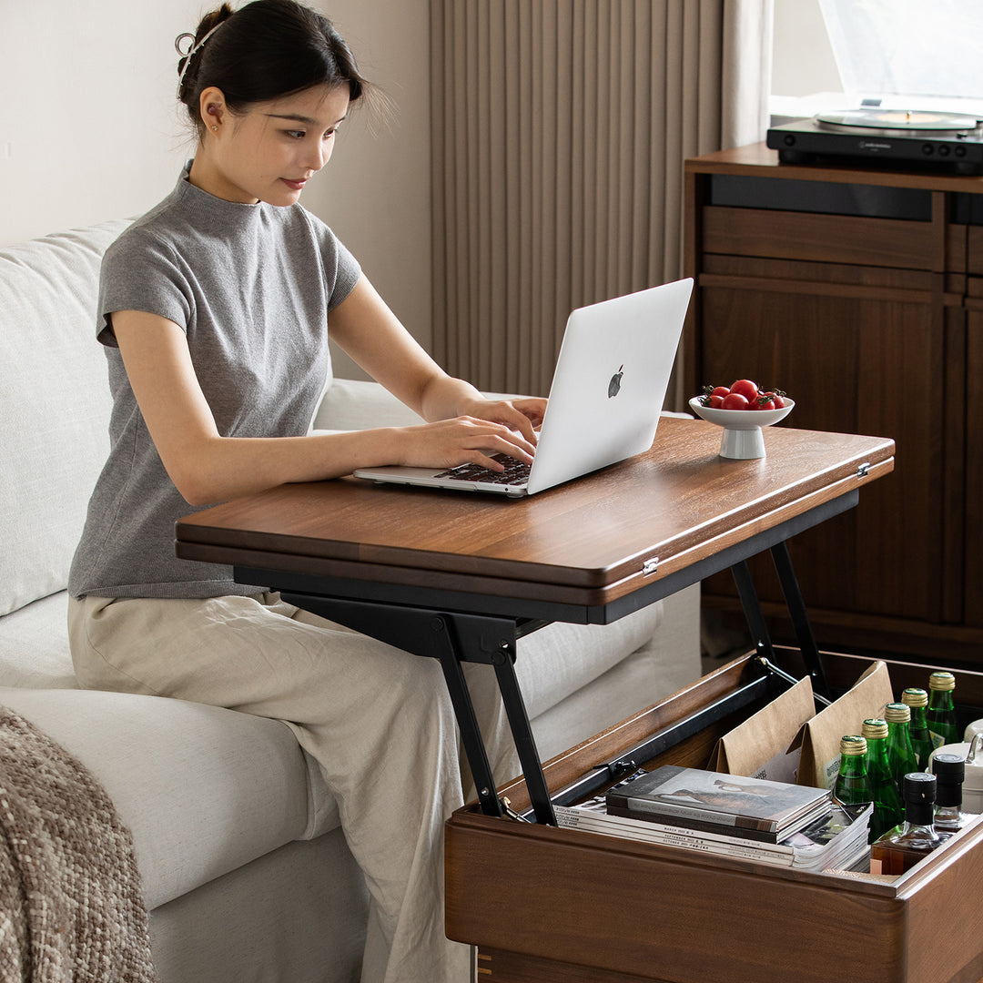 Vintage walnut wood lift-up coffee table seren in real life style.