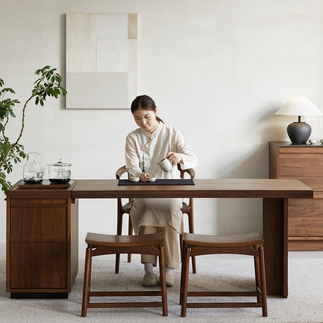 Vintage walnut wood stool arcus in details.