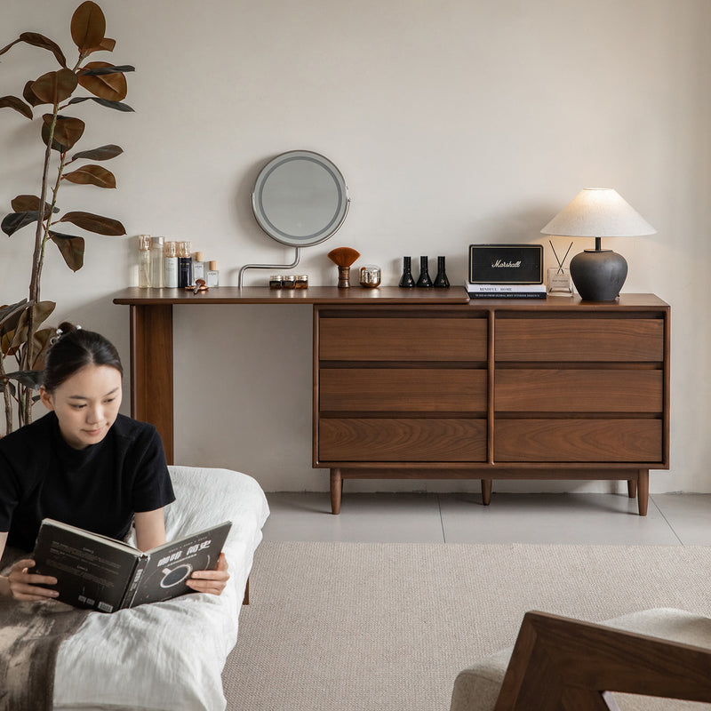 Vintage walnut wood dressing table vista environmental situation.