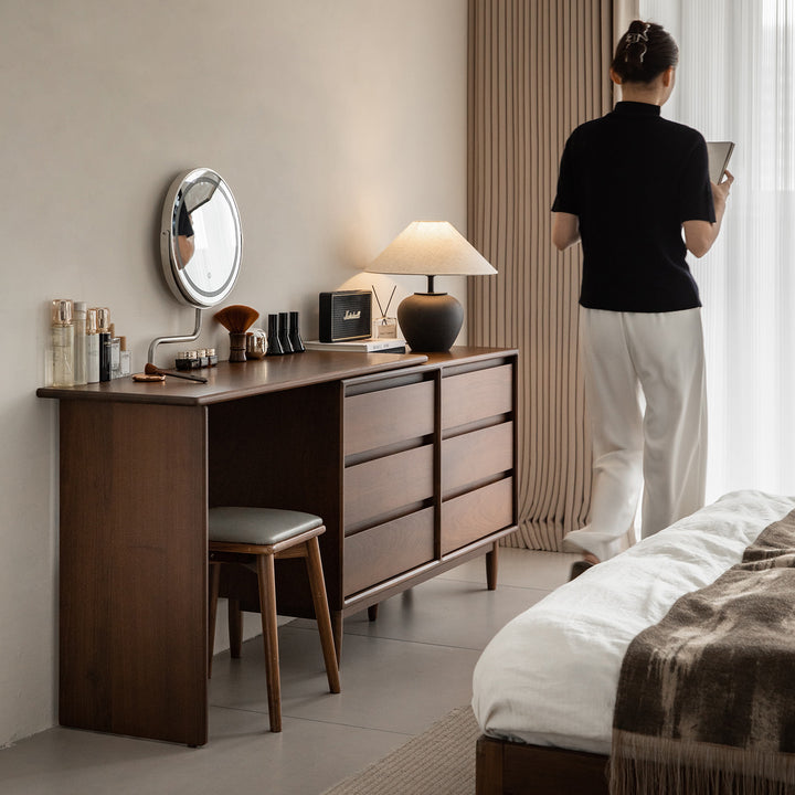 Vintage walnut wood dressing table vista in details.