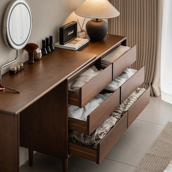 Vintage walnut wood dressing table vista in panoramic view.