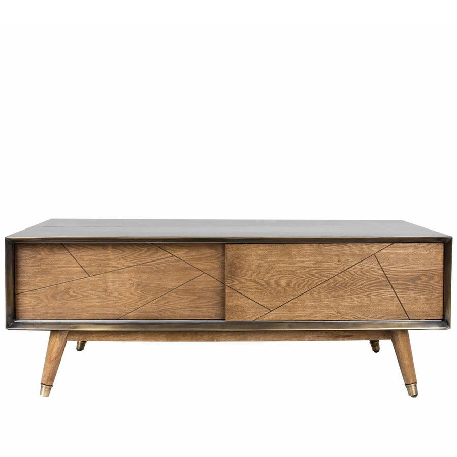 Vintage wooden coffee table vintage brass in white background.