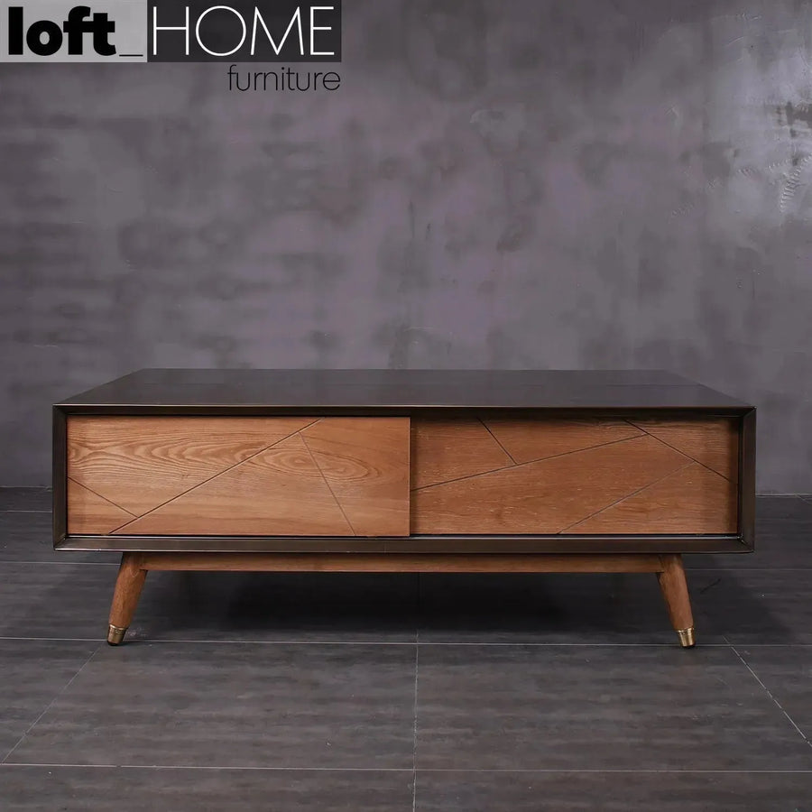 Vintage wooden coffee table vintage brass primary product view.