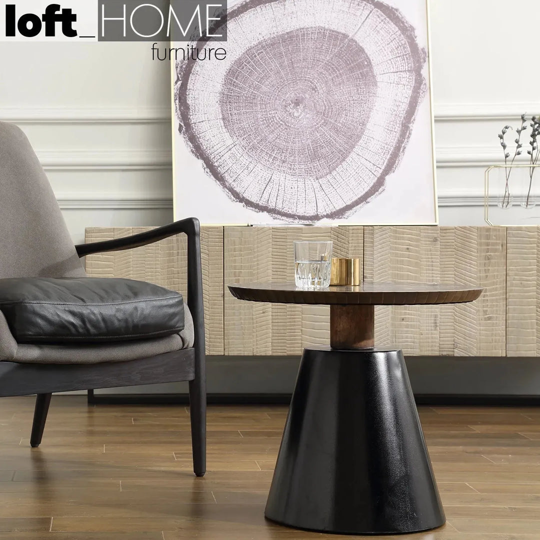 Vintage wooden round side table vintage brass in real life style.