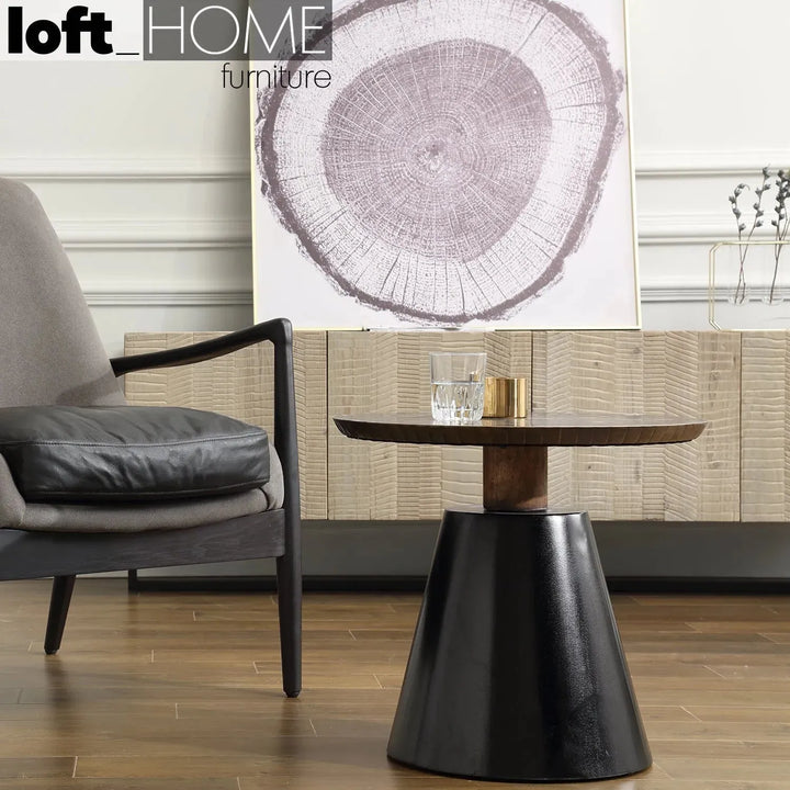 Vintage wooden round side table vintage brass in real life style.