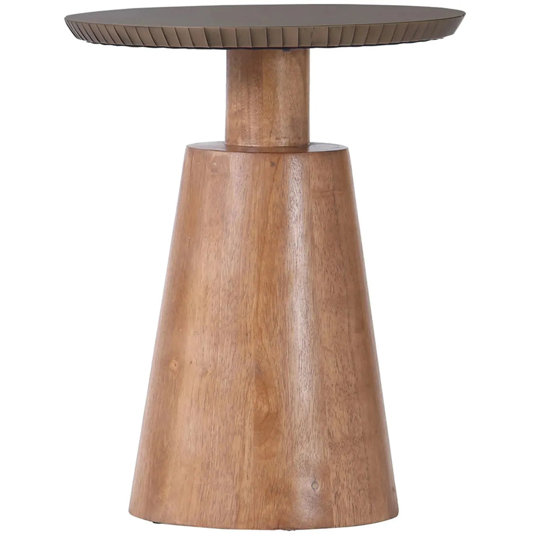 Vintage wooden round side table vintage brass in still life.