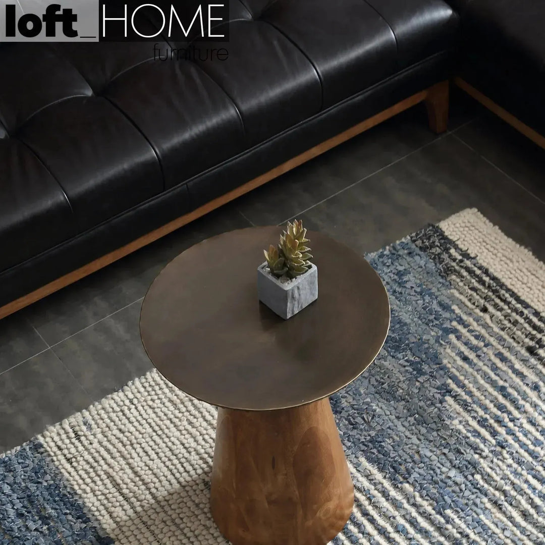 Vintage wooden round side table vintage brass situational feels.