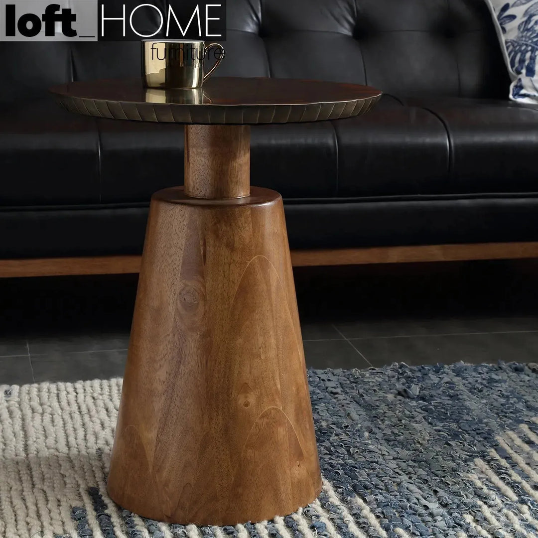 Vintage wooden round side table vintage brass environmental situation.