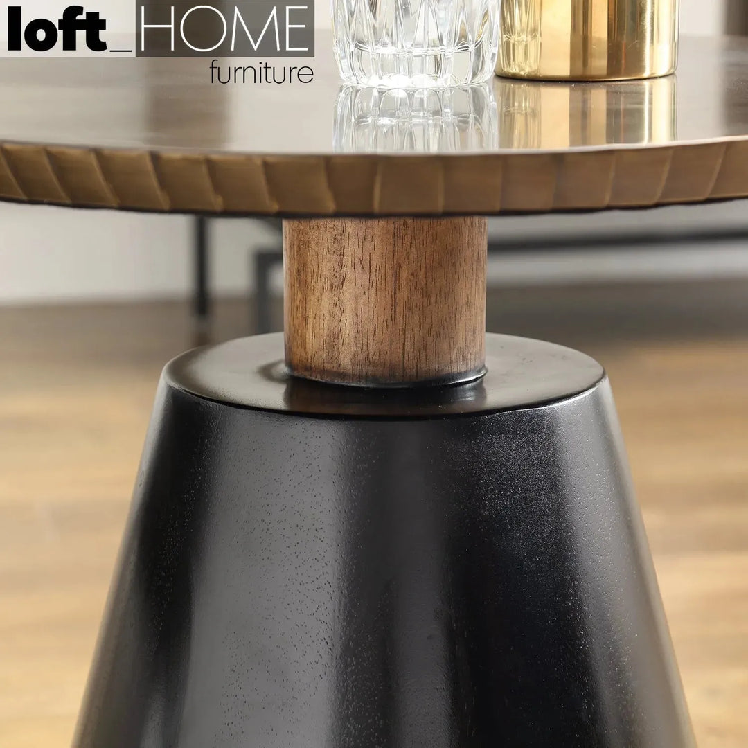 Vintage wooden round side table vintage brass with context.