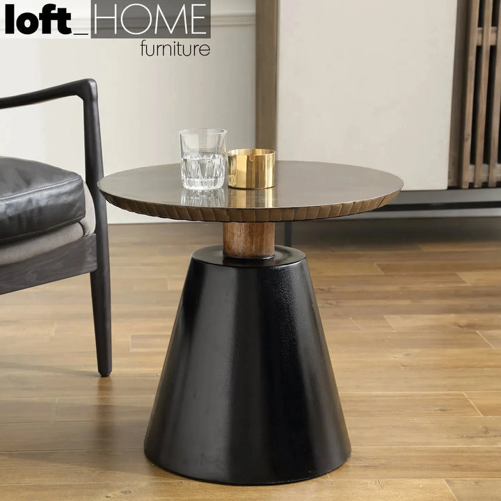 Vintage wooden round side table vintage brass primary product view.