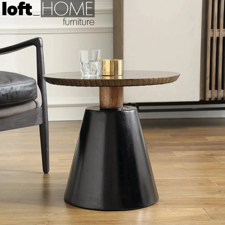 Vintage wooden round side table vintage brass material variants.